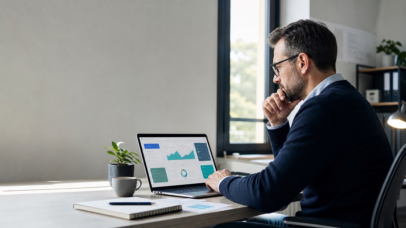 A manager reviewing an AI-supported operations dashboard in an office