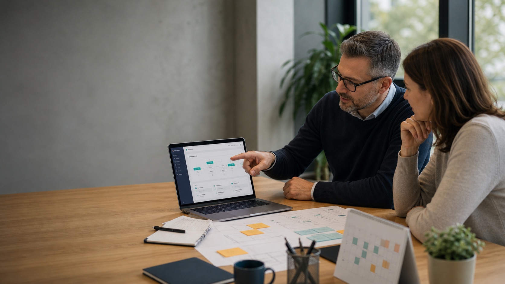A manager and consultant reviewing a web workflow prototype on a laptop