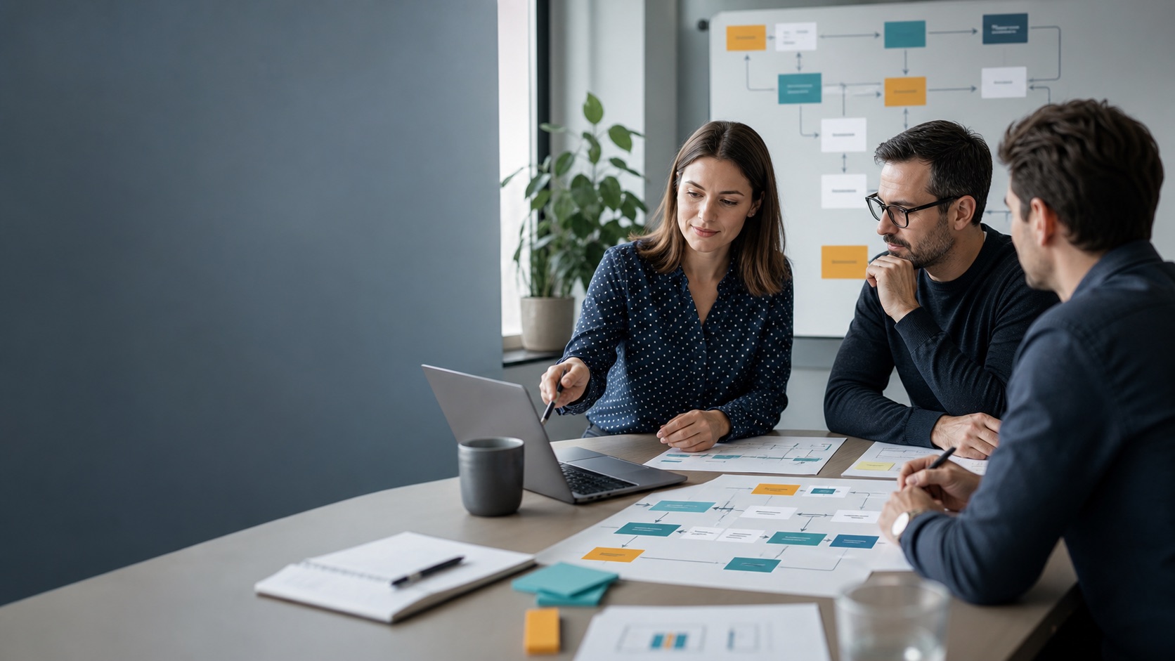 A small team mapping a business workflow in a meeting